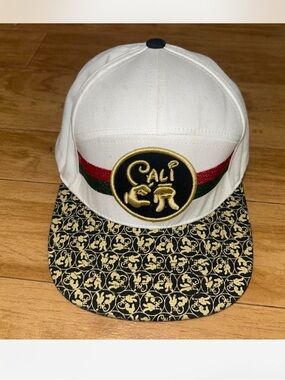 White Cali Embroidered Snapback Hat with Patterned Black Brim